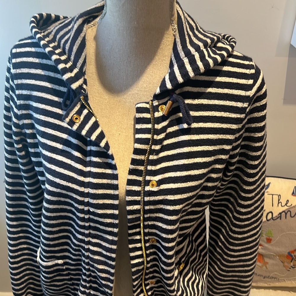 Tory Burch Terry Cotton hoodie striped nautical navy & white. Boating, Nautical